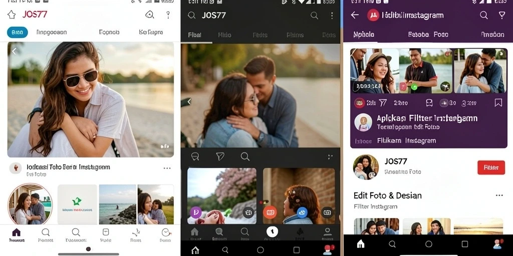 Antarmuka JOS77 dengan berbagai filter Instagram yang menarik.