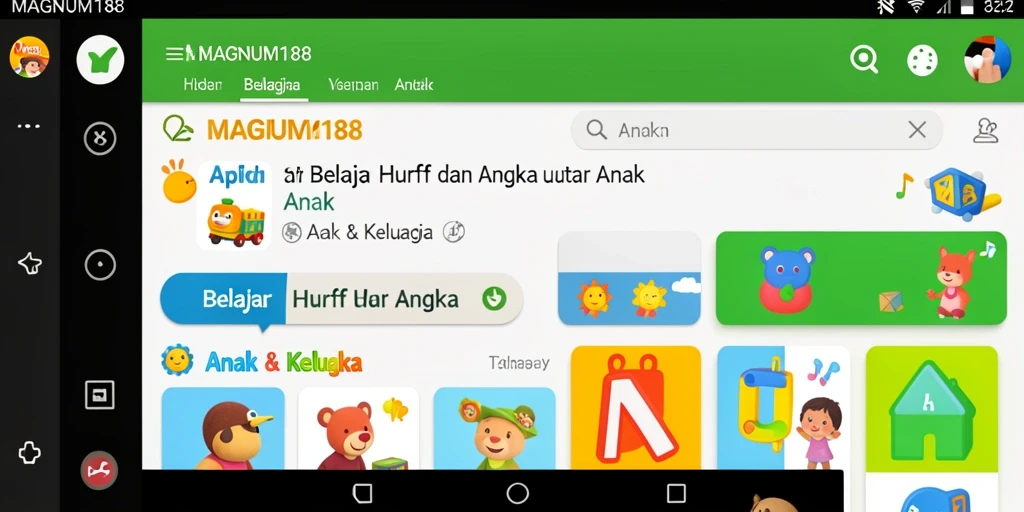 Tampilan antarmuka aplikasi MAGNUM188 untuk belajar huruf dan angka.